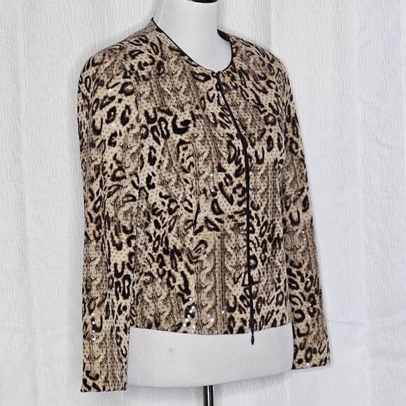 Joseph Ribkoff Sequin Brown & Tan Animal Print Double Zip Jacket Lined Blouse - Picture 2 of 14